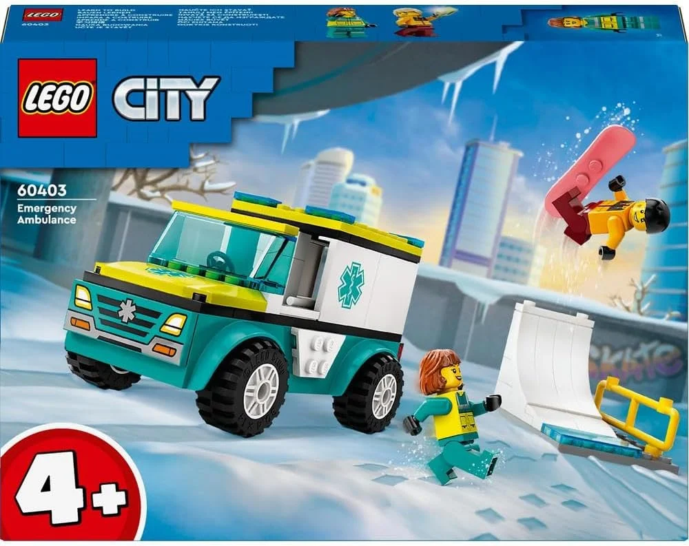 آمبولانس اورژانس و اسباب بازی های وسایل نقلیه اسنوبورد LEGO City برای کودکان 4 سال به بالا، پسران و دختران با مینی فیگورهای اسنوبورد سوار و پیراپزشک، اسباب بازی ساختمانی برای بازی تخیلی، ایده هدیه 60403