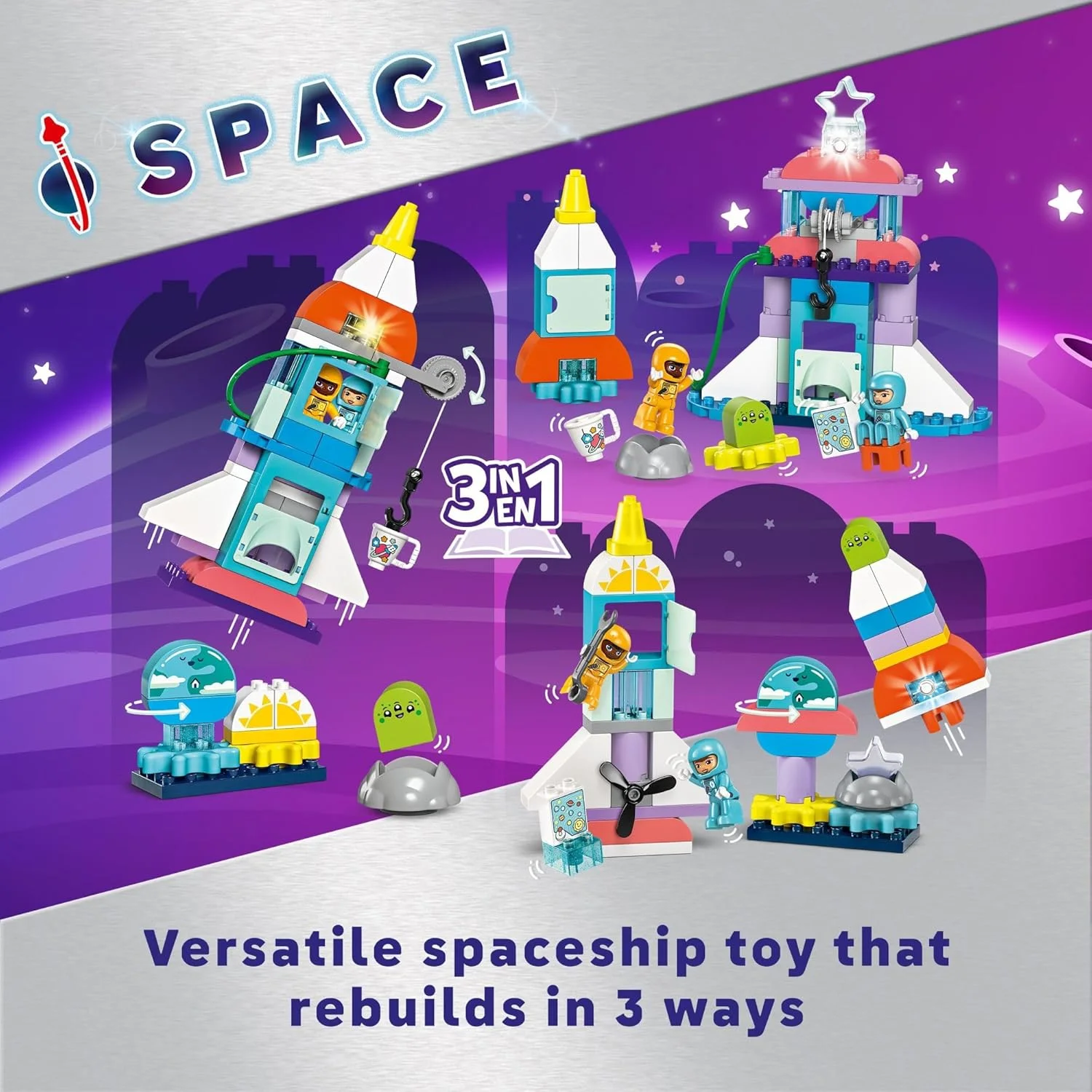 لگو دوپلو 3 در 1 ماجراجویی شاتل فضایی، مجموعه ساخت سفینه فضایی، اسباب بازی آموزشی فضایی برای کودکان 3 سال به بالا، توسعه یادگیری و مهارت های حرکتی ظریف کودکان پیش دبستانی، 10422