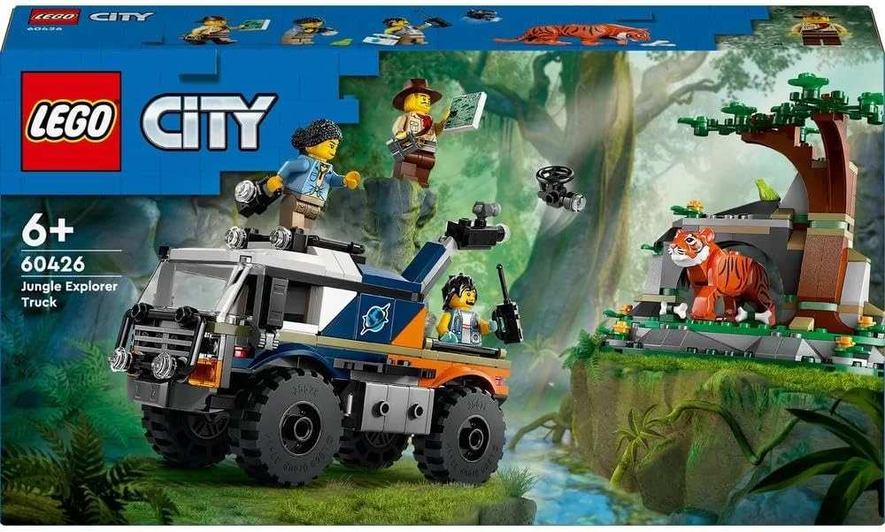 لگو سیتی کامیون آفرود جنگل، اسباب بازی ساختنی برای پسران، دختران و کودکان 6 سال به بالا، ایده هدیه تولد سرگرم کننده، وسیله نقلیه آفرود با 3 مینی فیگور ماجراجو و یک فیگور حیوان ببر 60426