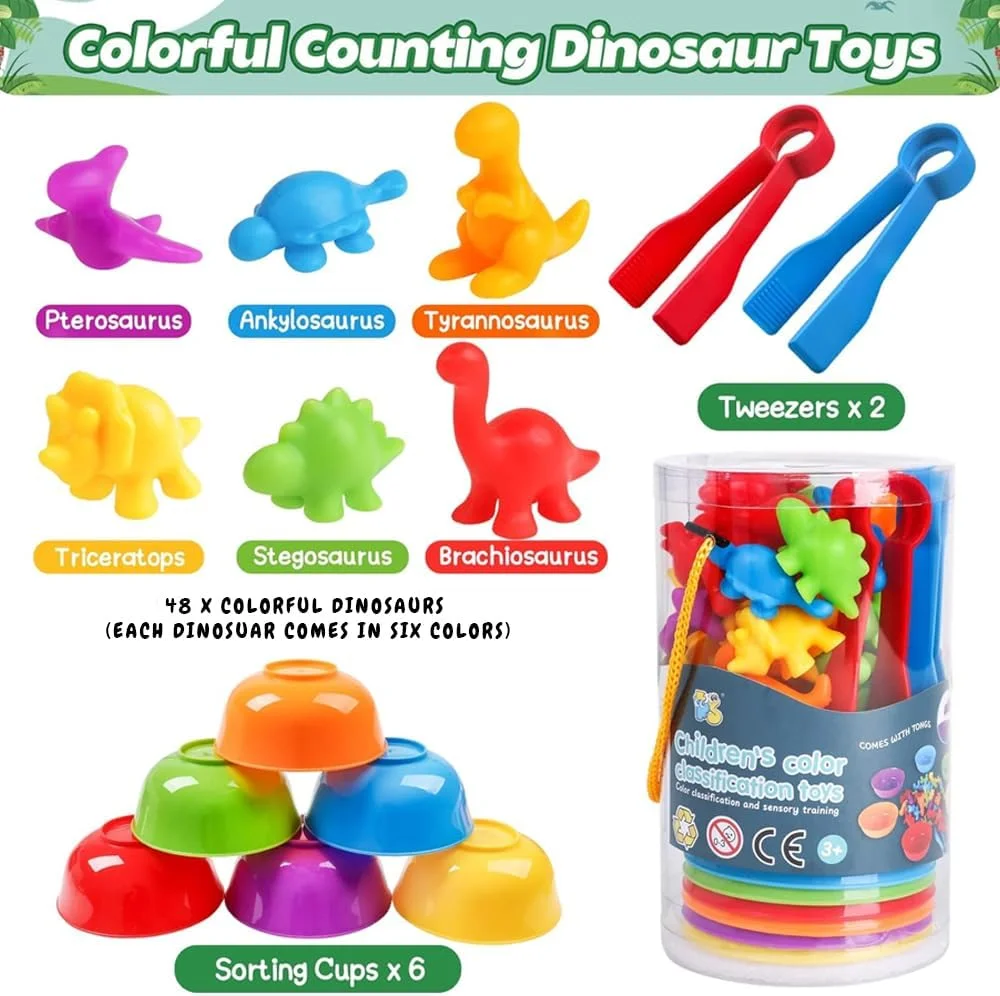 48 عدد اسباب بازی دایناسور شمارشی AMERTEER - بازی تطبیق با کاسه های مرتب سازی، فعالیت های یادگیری پیش دبستانی برای ریاضی، اسباب بازی های آموزشی حسی مونته سوری، مرتب سازی رنگ شمارنده برای کودکان نوپا پسران دختران