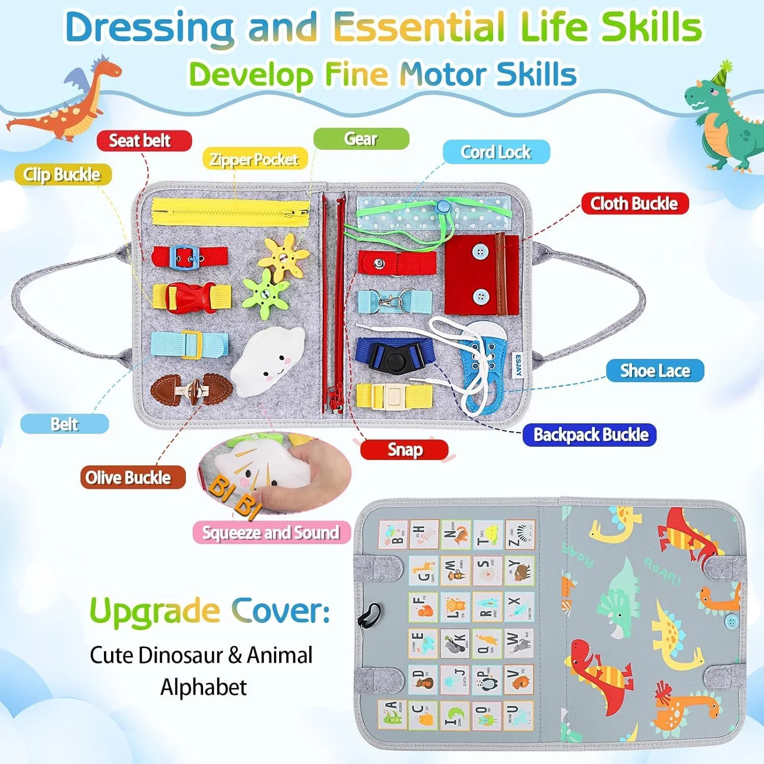 بورد مشغولیت کودک AMERTEER مدل مونته سوری - اسباب بازی بورد فعالیت حسی 8 در 1 برای کودکان 1-4 سال - اسباب بازی آموزشی مسافرتی با زیپ، دکمه، اشکال، حروف الفبا، ساعت - کتاب ساکت برای هواپیما، خانه (خاکستری)