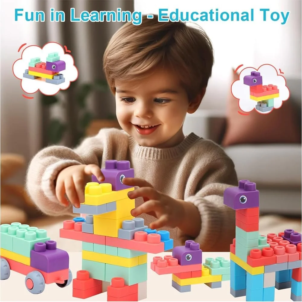 بلوک‌های ساختمانی نرم و لاستیکی AMERTEER، اسباب‌بازی آموزشی زودهنگام، قابل جوشاندن و گاز گرفتن، بلوک‌های سنگی حسی آموزشی پیش‌دبستانی مناسب برای نوزادان 1 تا 3 ساله، سطل ذخیره‌سازی اسباب‌بازی 50 عددی