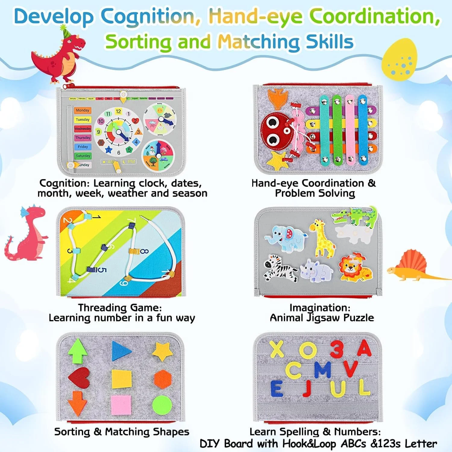 بورد مشغولیت کودک AMERTEER مدل مونته سوری - اسباب بازی بورد فعالیت حسی 8 در 1 برای کودکان 1-4 سال - اسباب بازی آموزشی مسافرتی با زیپ، دکمه، اشکال، حروف الفبا، ساعت - کتاب ساکت برای هواپیما، خانه (خاکستری)