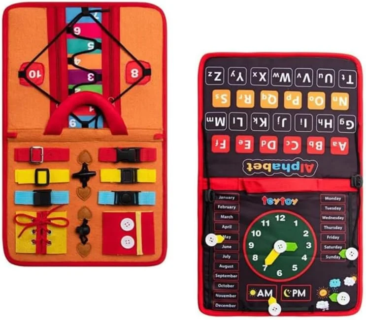 بورد مشغولیت کودک نوپا AMERTEER | اسباب بازی آموزشی صفحه یادگیری فعالیت با حروف الفبا، اعداد، اشکال، ساعت و بازی های سگک حسی | اسباب بازی های مسافرتی آرام برای کودکان 1-4 ساله (قرمز)