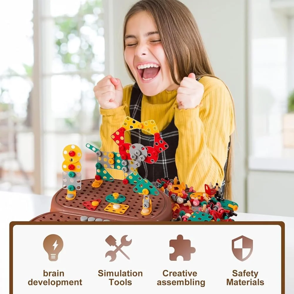 مجموعه اسباب بازی دریل کودک AMERTEER - 204 قطعه، اسباب بازی های آموزشی STEM برای پسران و دختران 4 تا 8 ساله، بازی های ساخت و ساز مهندسی با دریل اسباب بازی و مجموعه ابزار پیچ گوشتی (جعبه ابزار خرسی)