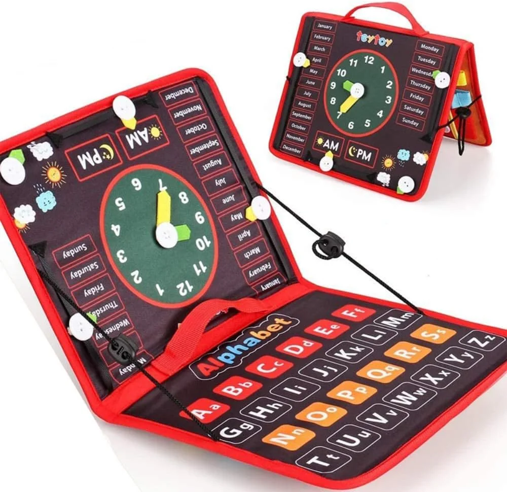 بورد مشغولیت کودک نوپا AMERTEER | اسباب بازی آموزشی صفحه یادگیری فعالیت با حروف الفبا، اعداد، اشکال، ساعت و بازی های سگک حسی | اسباب بازی های مسافرتی آرام برای کودکان 1-4 ساله (قرمز)