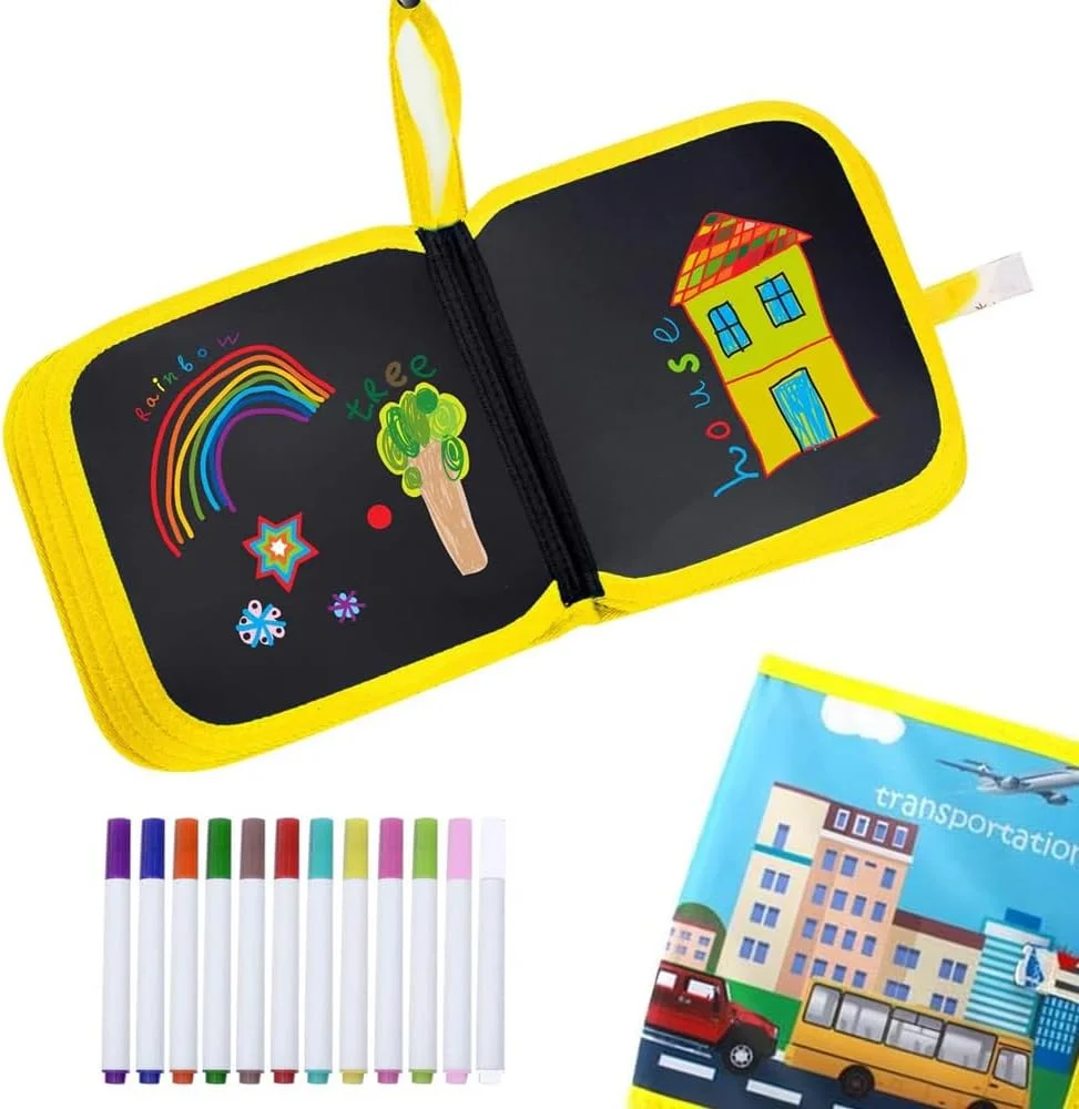 دفتر نقاشی پاک شدنی AMERTEER برای کودکان 2 تا 8 سال، پد طراحی قابل استفاده مجدد با ماژیک های گچی رنگی، اسباب بازی های فعالیت مسافرتی برای کودکان نوپا، اسباب بازی آموزشی پیش دبستانی، هدیه برای پسران و دختران