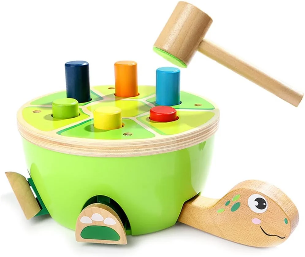 اسباب بازی چوبی کوبیدنی لاک پشتی AMERTEER برای کودکان - اسباب بازی چوبی کلاسیک با 6 میخ رنگارنگ و چکش، اسباب بازی کوبیدنی تعاملی با تم لاک پشت برای نوزادان و کودکان نوپا، کیت آموزشی مهارت های حرکتی ظریف و حسی