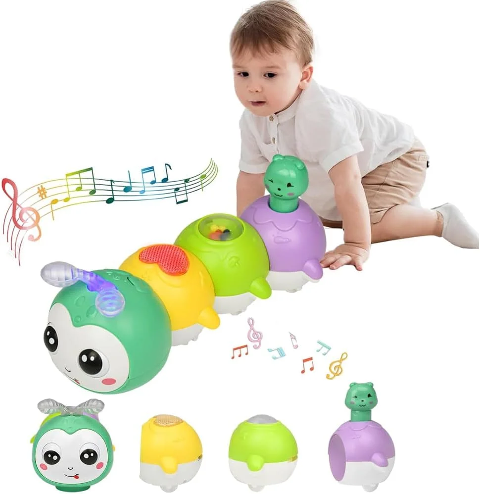 اسباب بازی خزیدن کودک آرمیتیر 0-6 ماه - اسباب بازی کرم ابریشم کودک، اسباب بازی های زمان خوابیدن روی شکم کرم ابریشم خزنده 0-3 ماه با مکش مغناطیسی، موسیقی و چراغ های LED، اسباب بازی تعاملی آموزشی برای کودکان نوپا
