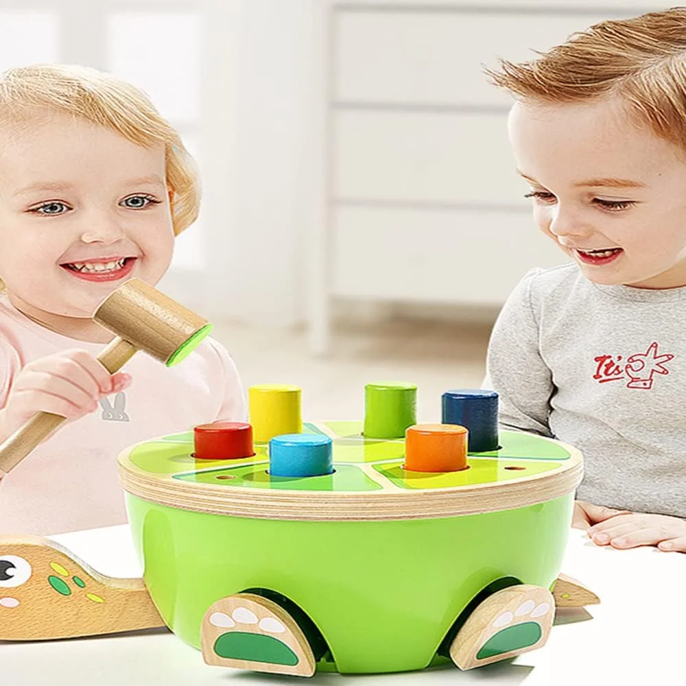 اسباب بازی چوبی کوبیدنی لاک پشتی AMERTEER برای کودکان - اسباب بازی چوبی کلاسیک با 6 میخ رنگارنگ و چکش، اسباب بازی کوبیدنی تعاملی با تم لاک پشت برای نوزادان و کودکان نوپا، کیت آموزشی مهارت های حرکتی ظریف و حسی