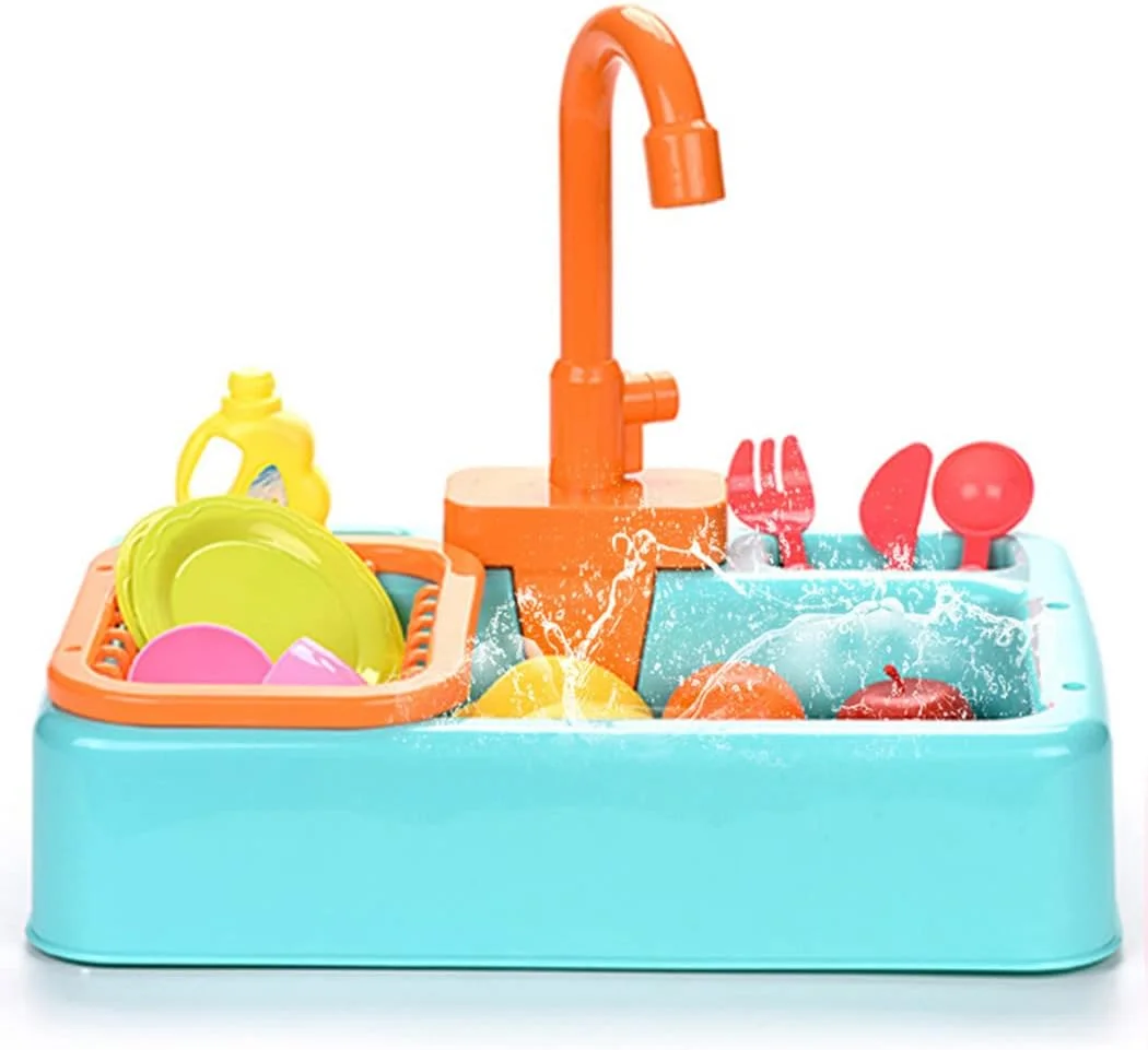 اسباب بازی سینک ظرفشویی آشپزخانه AMERTEER با اجاق گاز، بازی با آب جاری، ست آشپزخانه شستشو با نور واقعی و لوازم جانبی ظروف بازی برای دختران پسران کودکان 3-7 ساله (آبی)