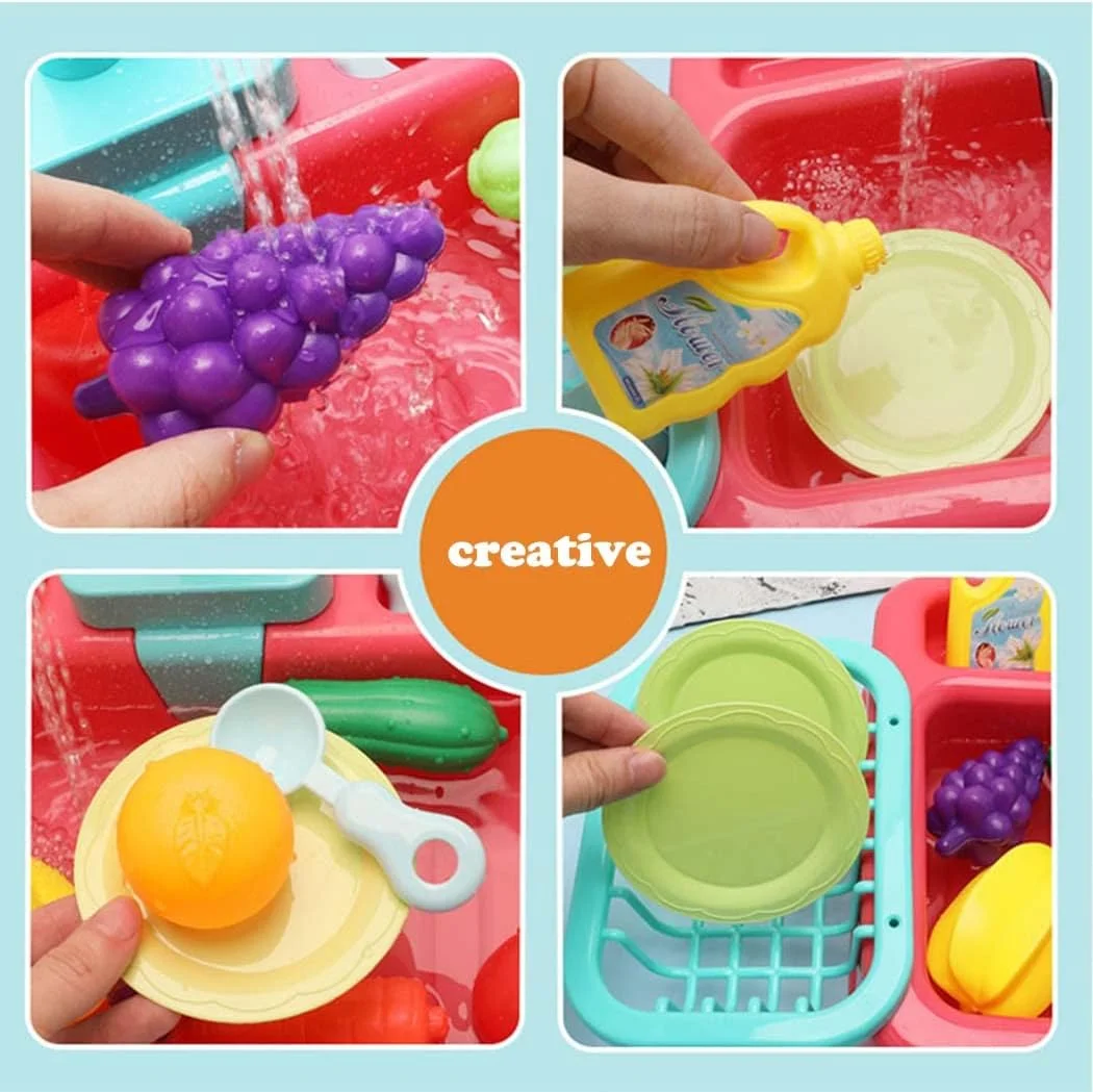 اسباب بازی سینک ظرفشویی آشپزخانه AMERTEER با اجاق گاز، بازی با آب جاری، ست آشپزخانه شستشو با نور واقعی و لوازم جانبی ظروف بازی برای دختران پسران کودکان 3-7 ساله (آبی)