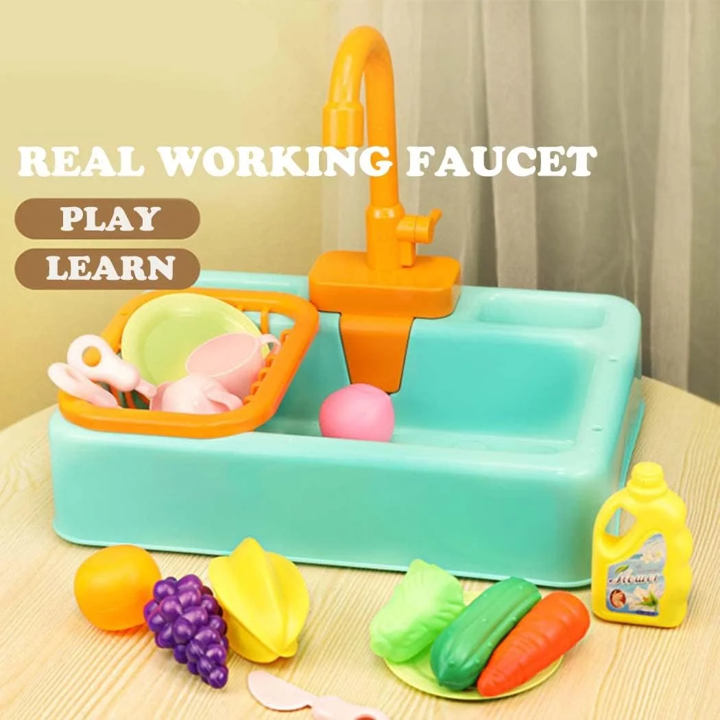 اسباب بازی سینک ظرفشویی آشپزخانه AMERTEER با اجاق گاز، بازی با آب جاری، ست آشپزخانه شستشو با نور واقعی و لوازم جانبی ظروف بازی برای دختران پسران کودکان 3-7 ساله (آبی)