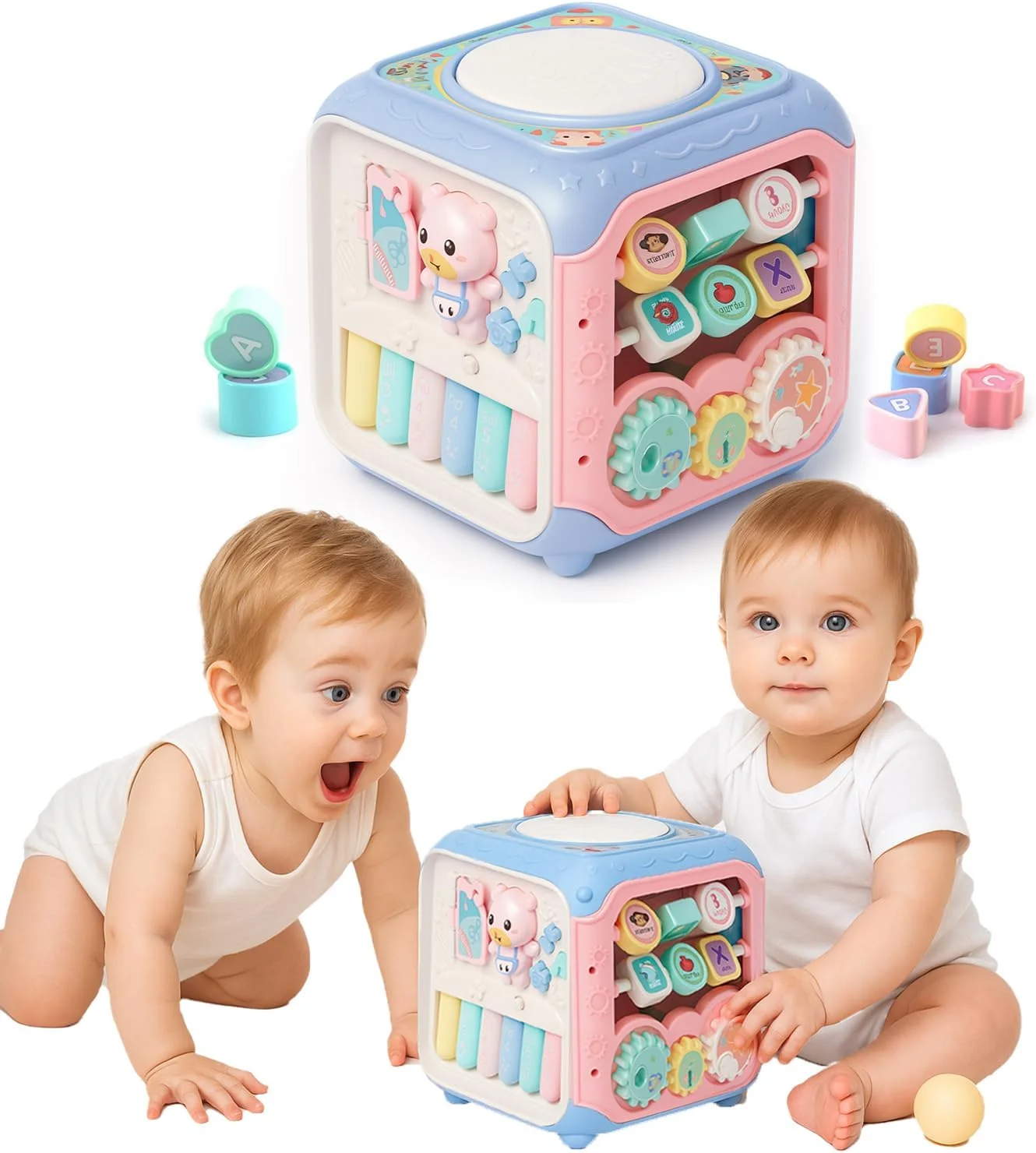 مکعب فعالیت 6 در 1 AMERTEER برای کودکان نوپا 1+ سال، اسباب بازی آموزشی مسافرتی برای 1-3 سال، مکعب یادگیری آموزشی رشدی با موسیقی، کلیدهای پیانو، مرتب کننده شکل، هدیه تولد برای پسران دختران