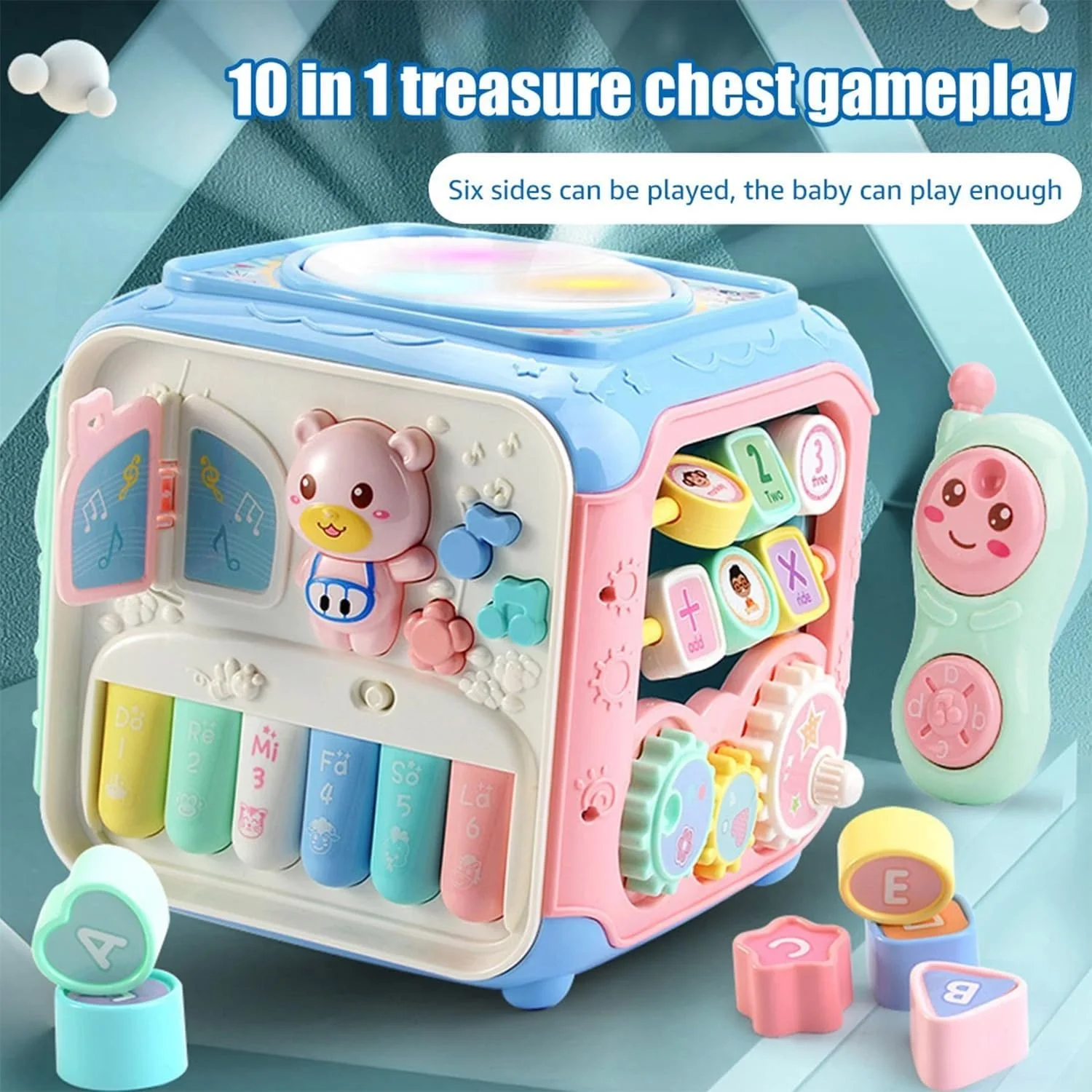 مکعب فعالیت 6 در 1 AMERTEER برای کودکان نوپا 1+ سال، اسباب بازی آموزشی مسافرتی برای 1-3 سال، مکعب یادگیری آموزشی رشدی با موسیقی، کلیدهای پیانو، مرتب کننده شکل، هدیه تولد برای پسران دختران