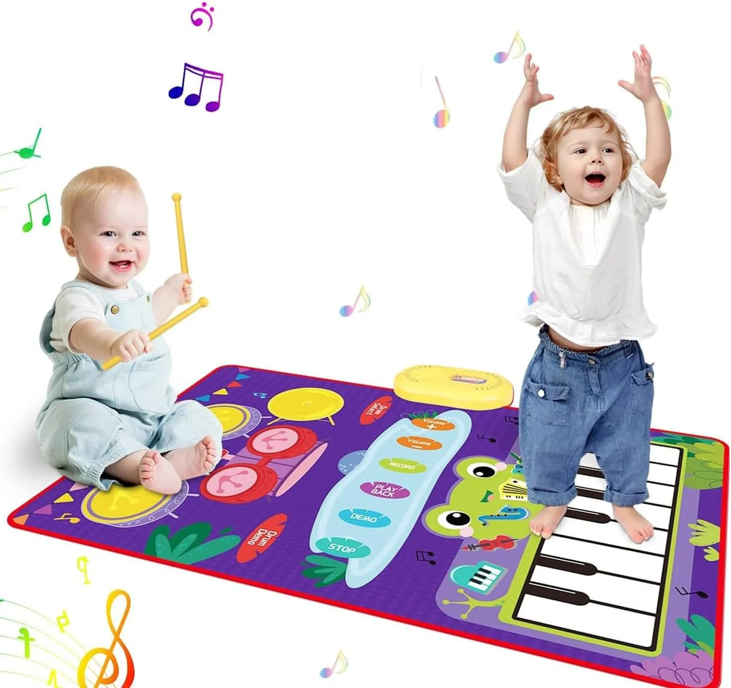 مت موزیکال 2 در 1 AMERTEER برای کودکان، اسباب بازی های موزیکال کودکان صفحه کلید پیانو درام با 2 چوب، پتو کف آموزشی زودهنگام، هدیه برای کودکان نوپا و پسران و دختران پیش دبستانی
