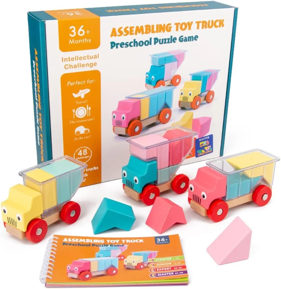 بلوک های ساختنی کامیون کودکانه AMERTEER، 10 عدد بلوک چوبی، پازل آموزشی مونته سوری برای کودکان | مرتب سازی اشکال وسایل نقلیه، بازی فکری STEM پیش دبستانی، هدیه برای پسران و دختران
