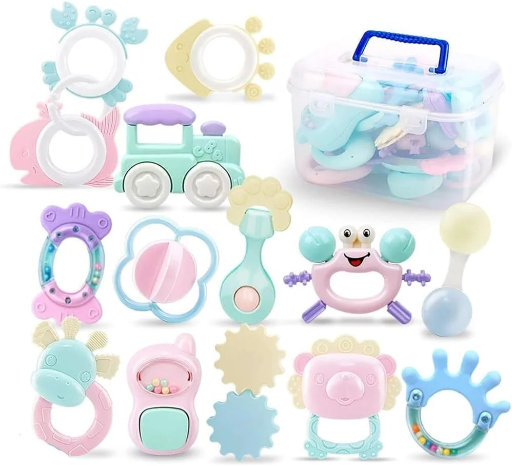 اسباب بازی دندان گیر و جغجغه کودک | 14 تکه اسباب بازی دندان گیر سیلیکونی نرم برای نوزادان 0-12 ماهه | اسباب بازی های حسی نوزاد فاقد BPA با جعبه نگهداری | هدیه ای ایده آل برای رشد آموزشی اولیه