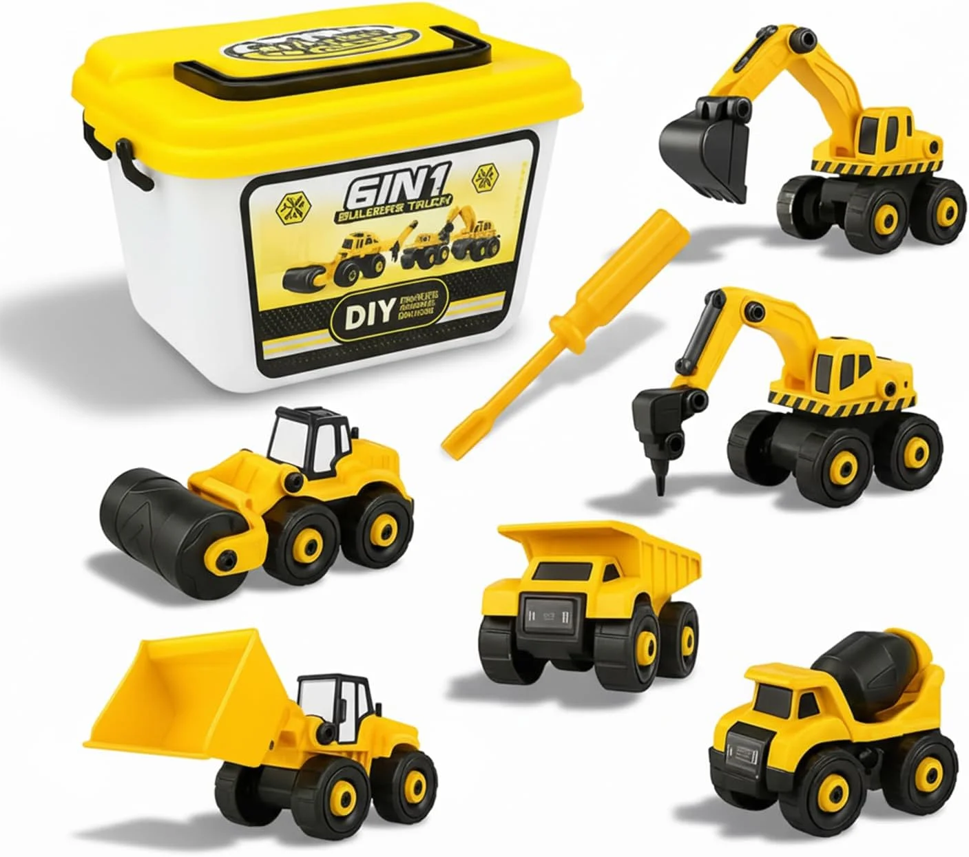 مجموعه اسباب بازی ماشین آلات ساختمانی 6 در 1، کامیون های تعاملی DIY برای کودکان، بولدوزر، بیل مکانیکی، کامیون کمپرسی، اسباب بازی های آموزشی STEM، اسباب بازی های ساختمانی بادوام برای پسران نوپا، مجموعه بازی خلاقانه