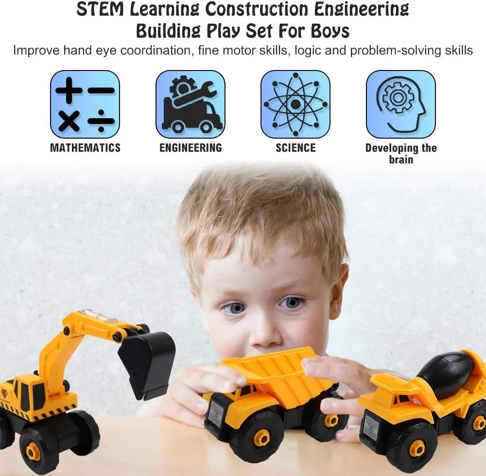 مجموعه اسباب بازی ماشین آلات ساختمانی 6 در 1، کامیون های تعاملی DIY برای کودکان، بولدوزر، بیل مکانیکی، کامیون کمپرسی، اسباب بازی های آموزشی STEM، اسباب بازی های ساختمانی بادوام برای پسران نوپا، مجموعه بازی خلاقانه