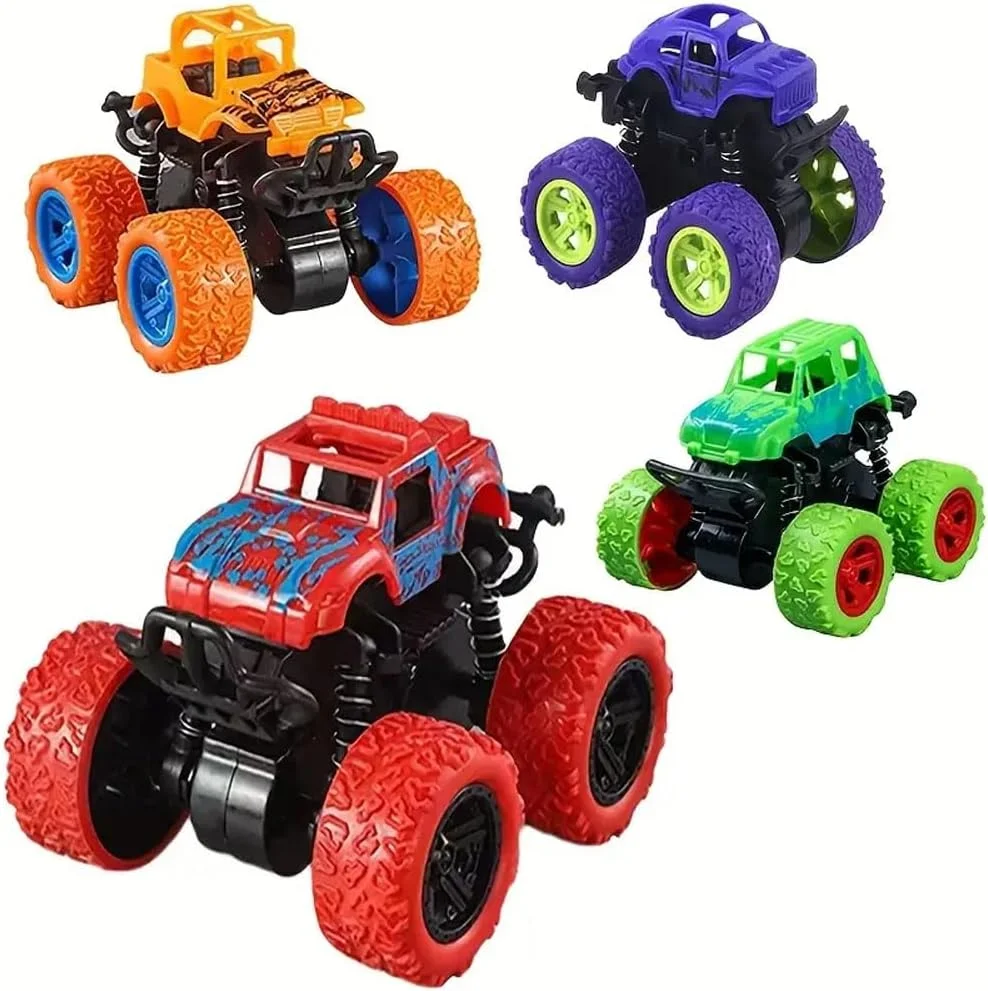 مجموعه 4 عددی ماشین های اسباب بازی اینرسی آمرتیر برای کودکان | مقیاس 1:36 ماشین های اسباب بازی کامیون هیولا آفرود عقب کشیدنی 4WD | وسایل نقلیه بدلکاری اسباب بازی فشاری با نیروی اصطکاک | مجموعه هدیه بادوام برای پسران و کودکان (4 رنگ)
