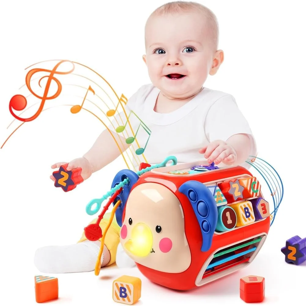 مکعب فعالیت کودک 8 در 1 AMERTEER - مکعب یادگیری موزیکال مونته سوری با چراغ، مرتب کننده اشکال، پازل، ضربه بزن به موش کور، چرخ دنده و موارد دیگر | اسباب بازی توسعه حسی برای کودکان نوپا 1-3 سال، هدیه برای کودکان