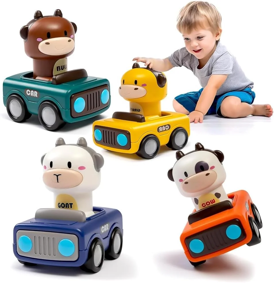 اسباب بازی های فشاری ماشین AMERTEER برای کودکان نوپا 1-3 ساله، مجموعه وسایل نقلیه بازی نوزاد، اسباب بازی های ماشین اصطکاکی فشاری ایده آل برای هدیه تولد اول برای پسران و دختران و آموزشی (4 بسته)