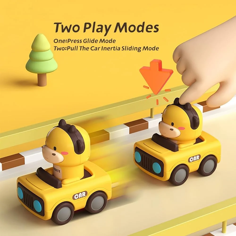 اسباب بازی های فشاری ماشین AMERTEER برای کودکان نوپا 1-3 ساله، مجموعه وسایل نقلیه بازی نوزاد، اسباب بازی های ماشین اصطکاکی فشاری ایده آل برای هدیه تولد اول برای پسران و دختران و آموزشی (4 بسته)