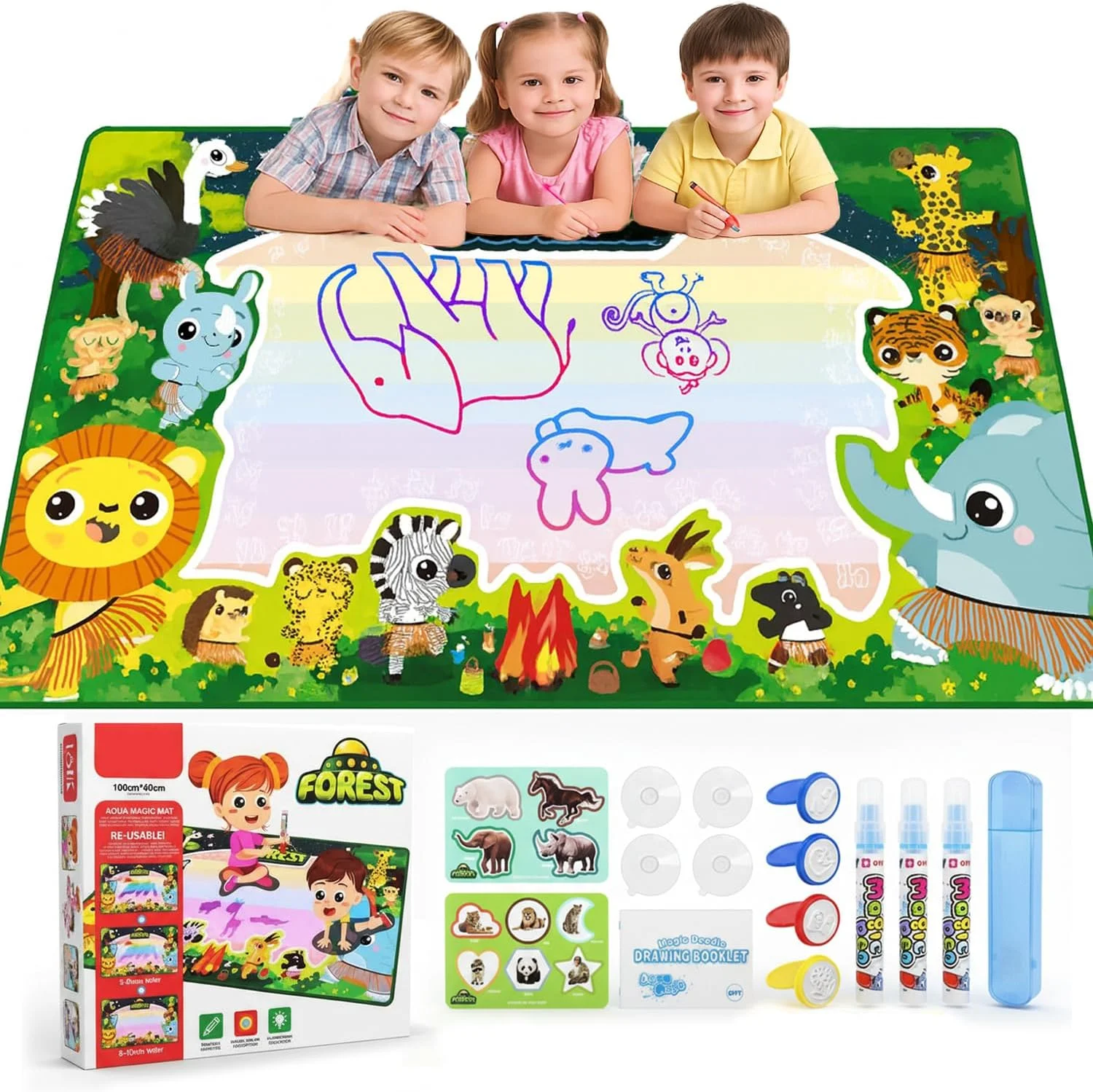 صفحه نقاشی با آب AMERTEER سایز ۱۰۰x۶۰ سانتی متر، تخته جادویی آکوآ، دارای مهر و کیف نگهداری، صفحه نقاشی و رنگ آمیزی بدون کثیف کاری قابل استفاده مجدد با ۲۶ لوازم جانبی