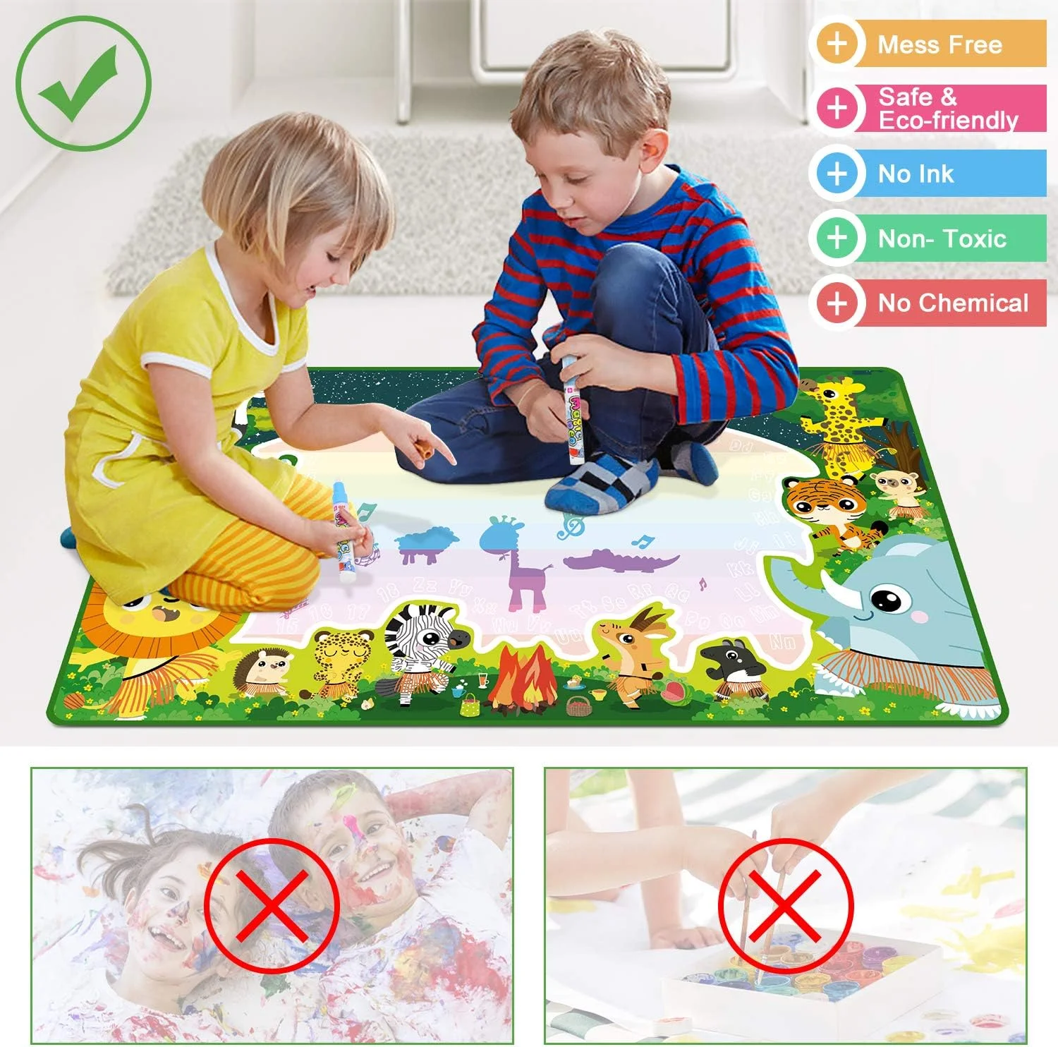 صفحه نقاشی با آب AMERTEER سایز ۱۰۰x۶۰ سانتی متر، تخته جادویی آکوآ، دارای مهر و کیف نگهداری، صفحه نقاشی و رنگ آمیزی بدون کثیف کاری قابل استفاده مجدد با ۲۶ لوازم جانبی