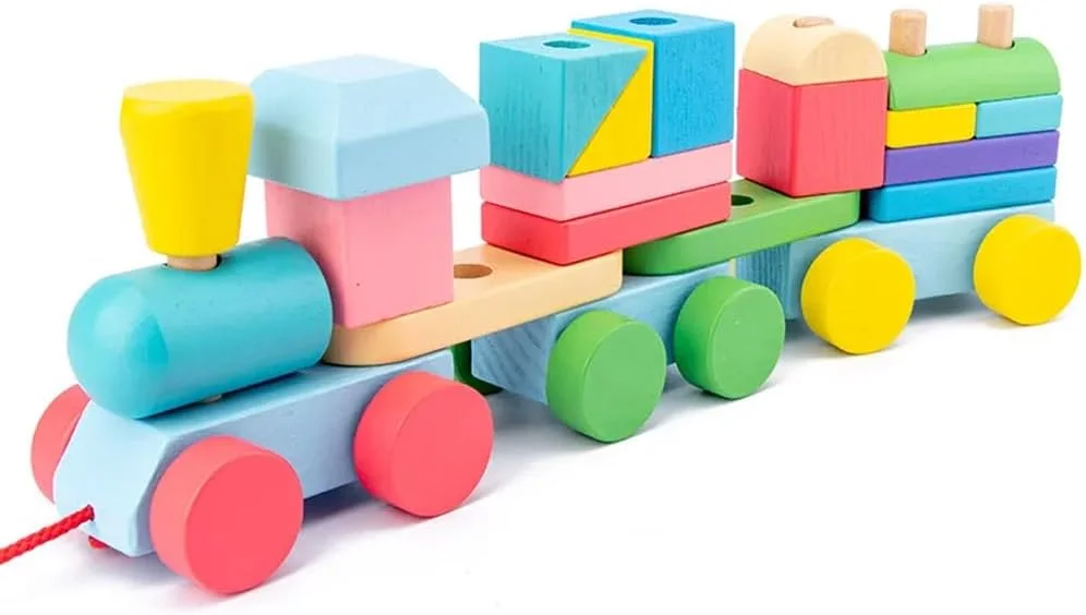 اسباب بازی قطار چوبی AMERTEER برای کودکان نوپا (1-3 سال)، قطار پشته ای کشیدنی، اسباب بازی آموزشی مونته سوری، رنگ غیر سمی ایمن، بلوک های یادگیری رنگ و شکل، هدیه سازگار با محیط زیست برای نوزادان پسر و دختر