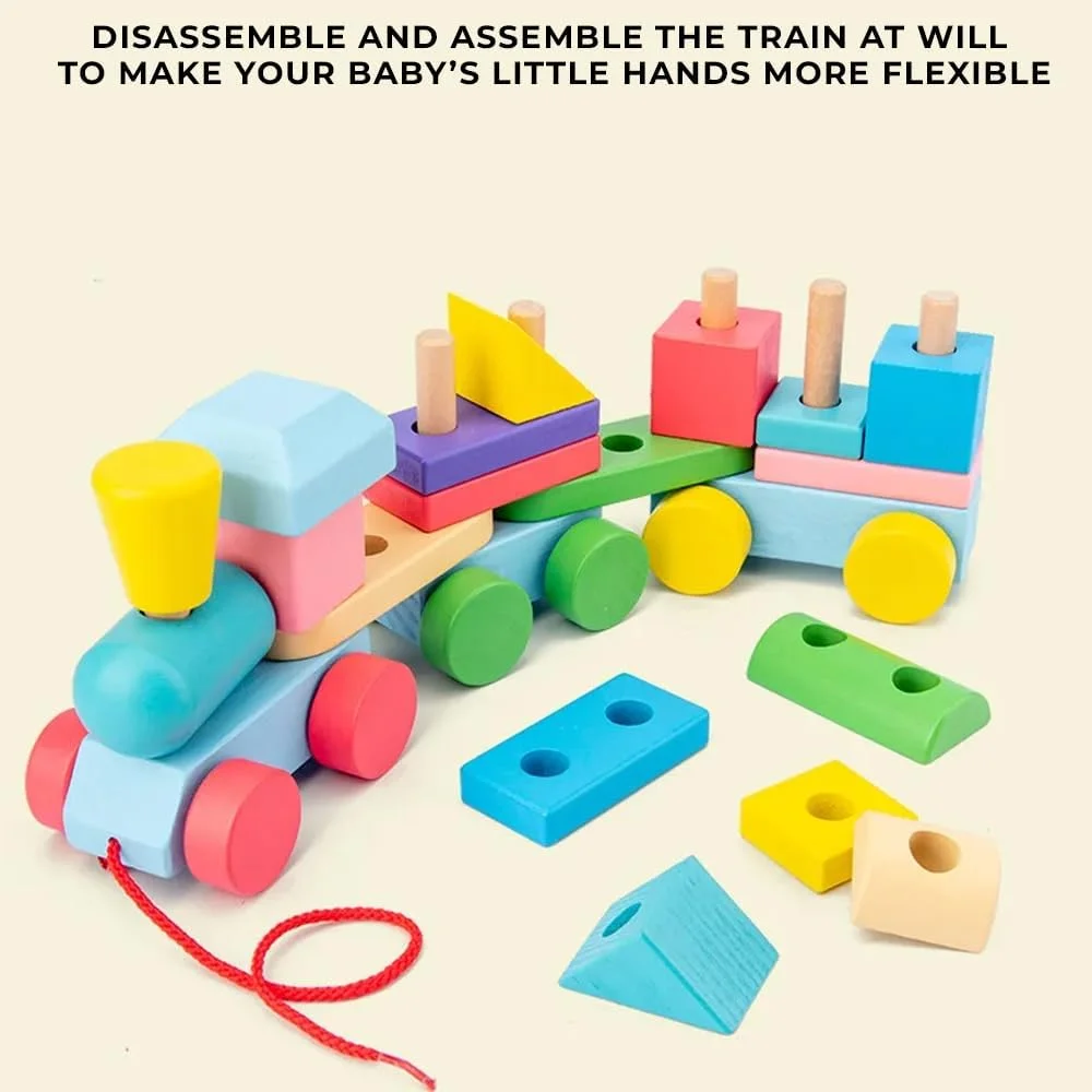 اسباب بازی قطار چوبی AMERTEER برای کودکان نوپا (1-3 سال)، قطار پشته ای کشیدنی، اسباب بازی آموزشی مونته سوری، رنگ غیر سمی ایمن، بلوک های یادگیری رنگ و شکل، هدیه سازگار با محیط زیست برای نوزادان پسر و دختر