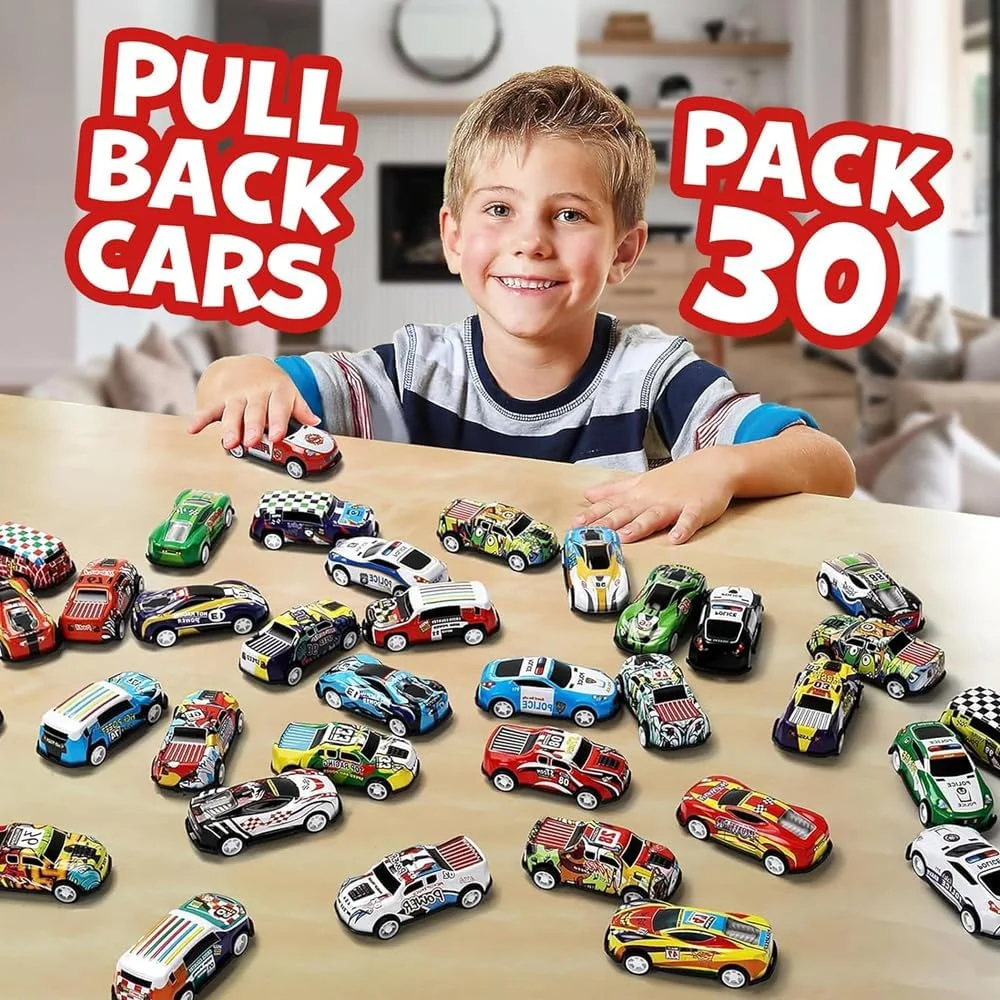 مجموعه 30 عددی ماشین های عقب کشیدنی AMERTEER، مینی ماشین های مسابقه ای دایکست، اسباب بازی ماشین مهمانی، جوایز کلاسی، پرکننده های پیناتا، پرکننده های کیف هدیه، جعبه جایزه اسباب بازی گنج برای پسران و دختران 2-5 ساله