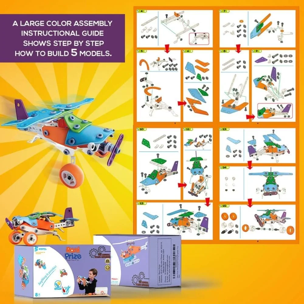 اسباب بازی های ساختنی 5 در 1 AMERTEER STEM برای کودکان 5-10+، مجموعه ساخت و ساز 132 قطعه – ساخت ماشین، هواپیما و هلیکوپتر – کیت خلاقانه DIY با تم وسایل نقلیه مهندسی، هدیه اسباب بازی آموزشی