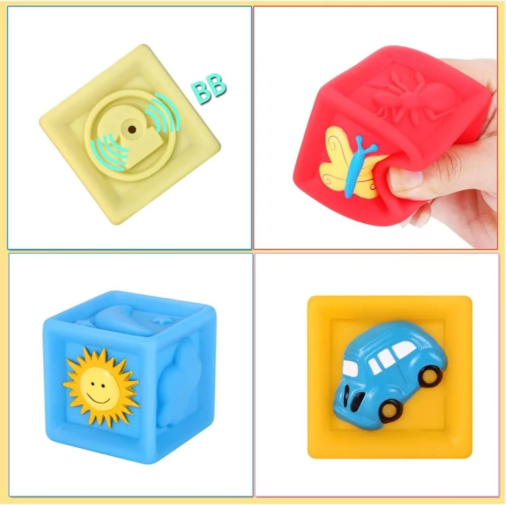 بلوک های سیلیکونی کودک AMERTEER - 10 عدد بلوک ساختمانی نرم، اسباب بازی آموزشی اولیه که می توان آن را جوشاند و گاز گرفت و بلوک های حسی آموزش پیش دبستانی با شکل و بافت های مختلف برای کودکان نوپا 0-3 ساخت.