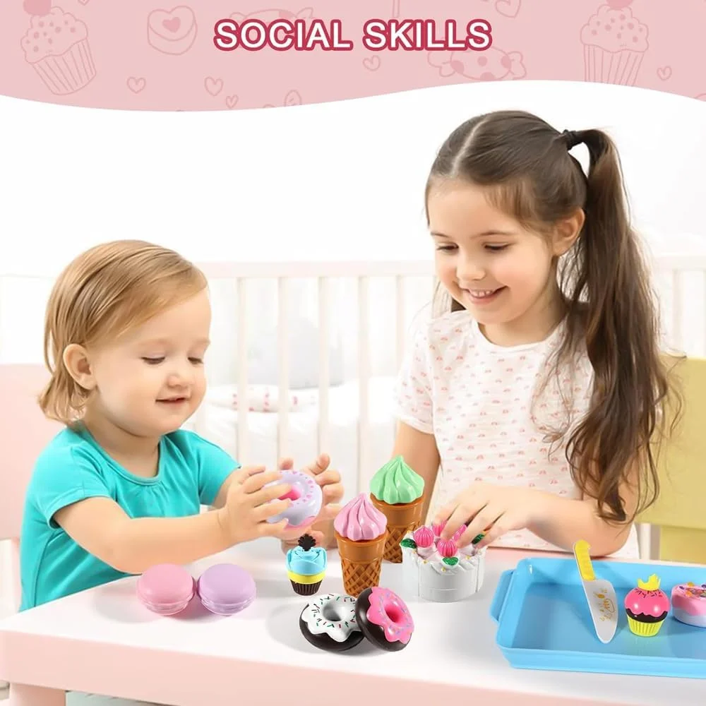 ست اسباب بازی غذای خیالی AMERTEER، 15 تکه، اسباب بازی دسر، بازی بستنی و کیک فنجانی برای کودکان نوپا، بازی برای دختران و پسران، ست هدیه تولد با دونات های تقلبی واقعی (آبی)
