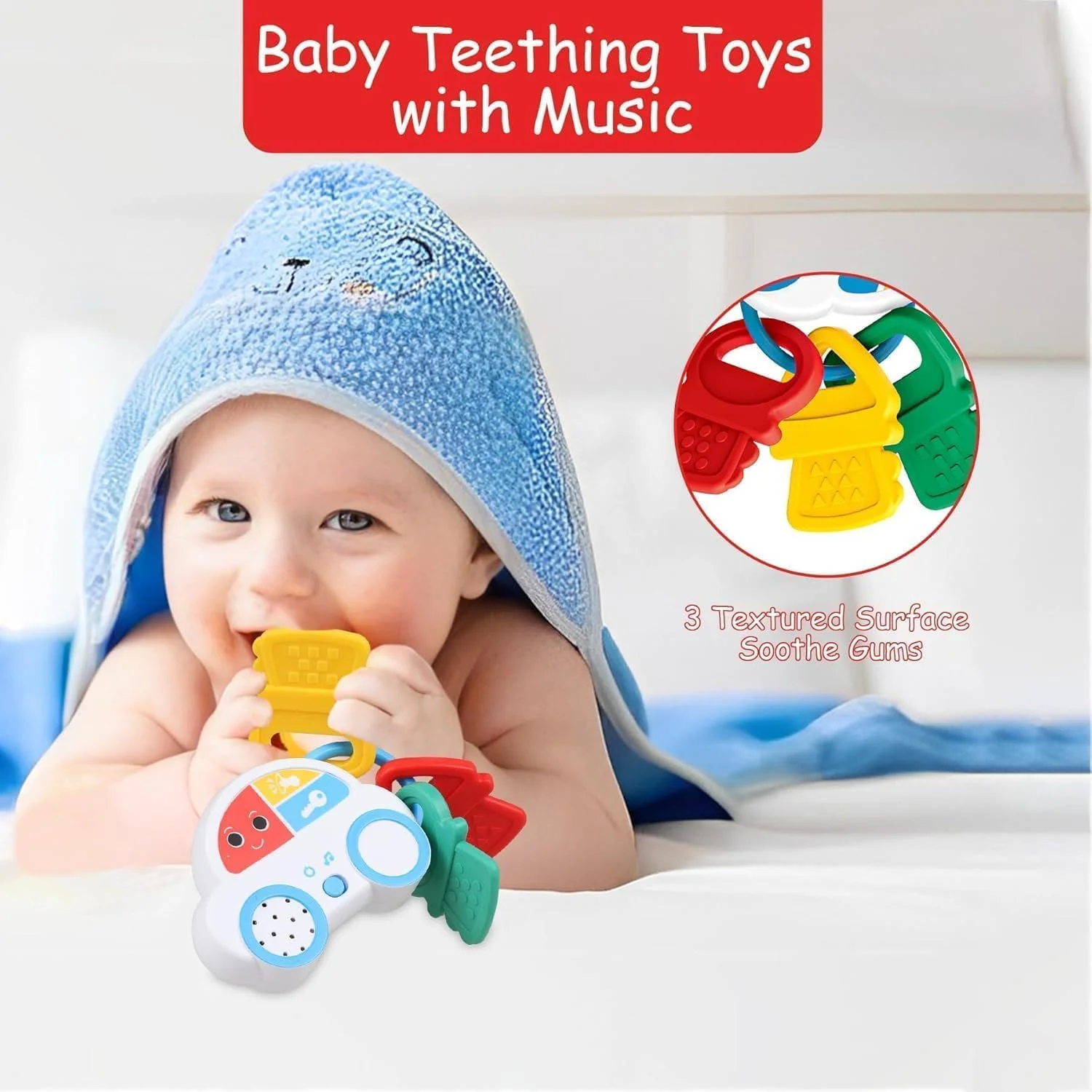 ماشین دندانگیر موزیکال کودک AMERTEER مناسب برای 6 تا 18 ماهگی، دندانگیر فاقد BPA با صداها و ملودی ها، اسباب بازی های آموزشی کودک، هدیه مسافرتی برای پسران و دختران 6+ ماه