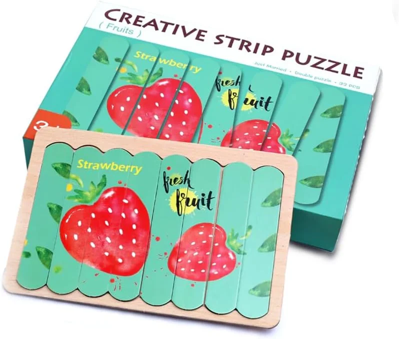 پازل چوبی میله‌ای AMERTEER برای کودکان | پازل‌های اره‌مویی 32 تکه مونته‌سوری و اسباب‌بازی آموزشی با طرح میوه | نوارهای پازل چوبی خلاقانه برای کودکان نوپا، هدیه توسعه مغز (پازل توت فرنگی)