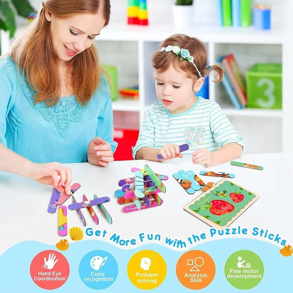 پازل چوبی میله‌ای AMERTEER برای کودکان | پازل‌های اره‌مویی 32 تکه مونته‌سوری و اسباب‌بازی آموزشی با طرح میوه | نوارهای پازل چوبی خلاقانه برای کودکان نوپا، هدیه توسعه مغز (پازل توت فرنگی)