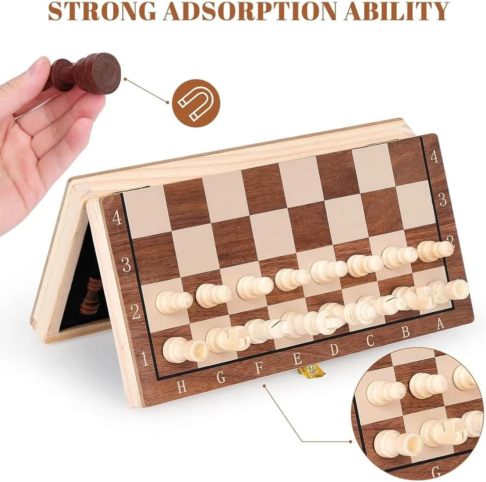 صفحه شطرنج چوبی AMERTEER | صفحه شطرنج مغناطیسی 39 سانتی متری | صفحه بازی تاشو قابل حمل برای بزرگسالان و کودکان به همراه مهره های شطرنج نمدی دست ساز - فضای داخلی نمدی - نگهدارنده مهره