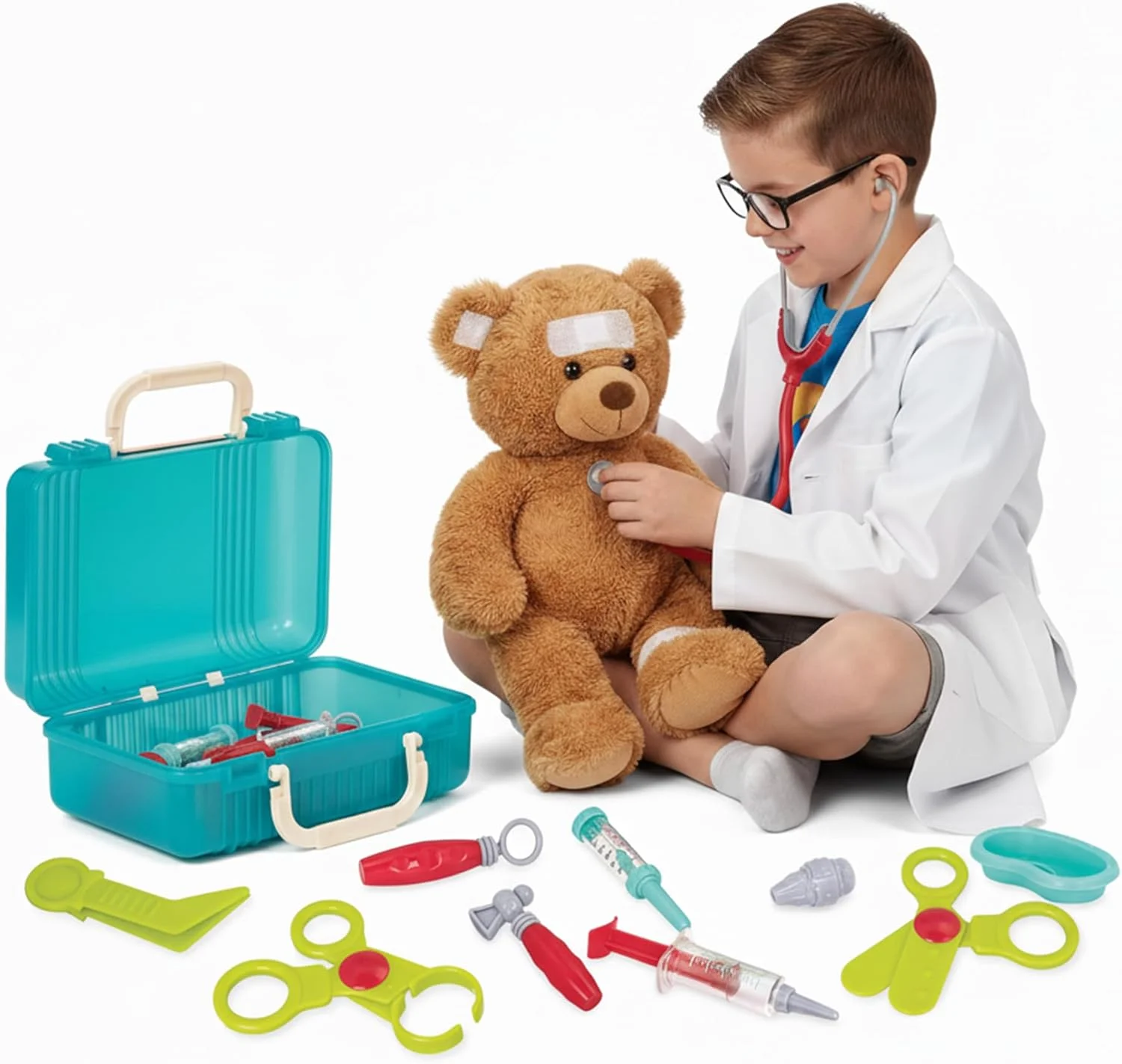مجموعه دکتر قابل حمل AMERTEER - مجموعه بازی آموزشی 11 تکه با گوشی پزشکی، شبیه سازی پرستار و پزشک، مجموعه اسباب بازی نقش آفرینی چمدان کلینیک پزشکی قابل حمل برای پسران و دختران 3 سال به بالا