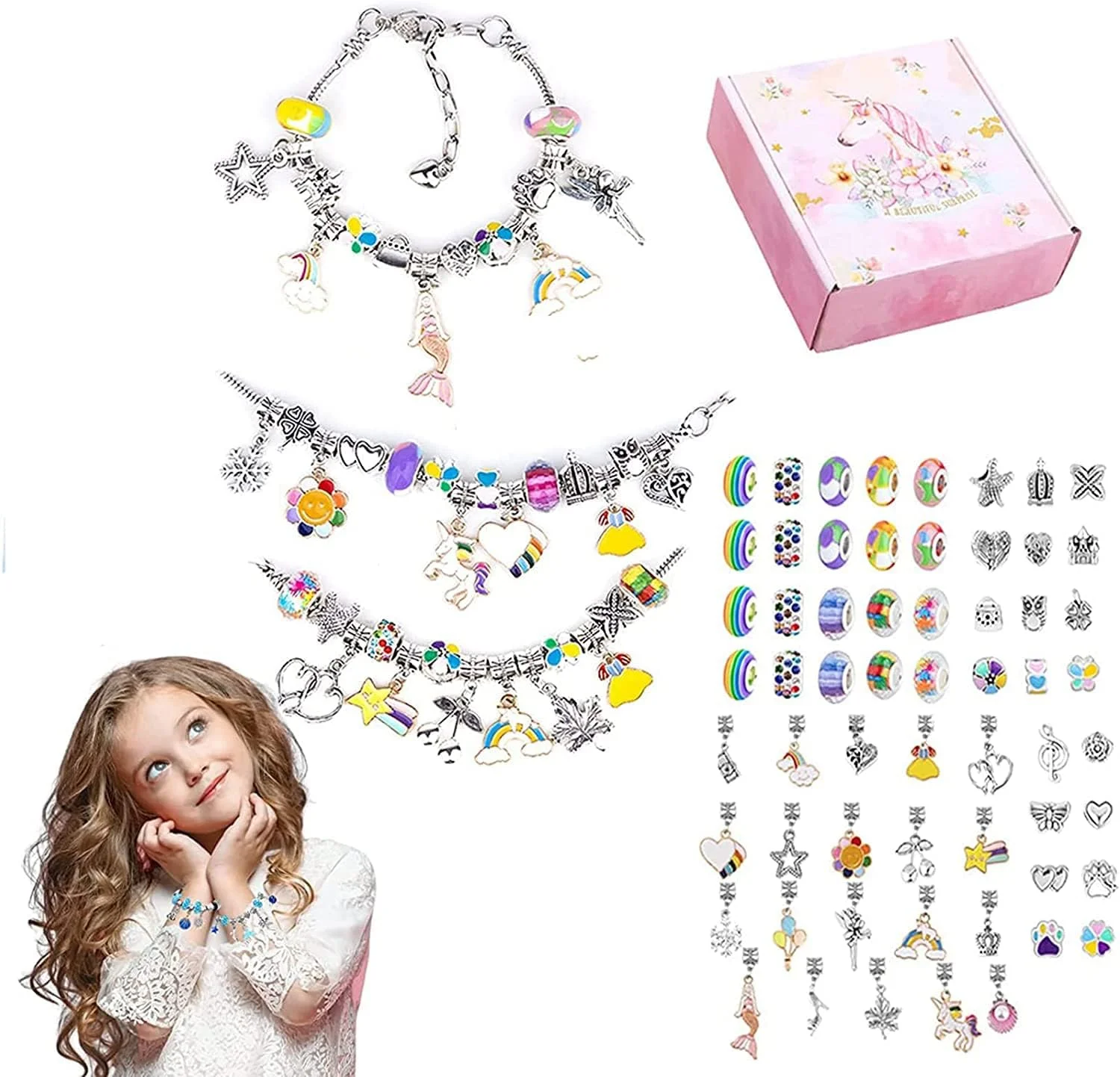 جعبه ساخت دستبند زیورآلات AMERTEER – مجموعه 63 تکه کاردستی جواهرات DIY برای دختران – ساخت دستبندهای سفارشی، هدیه برای کودکان و بزرگسالان، هدیه ایده آل برای دختران 8-12 ساله (صورتی)