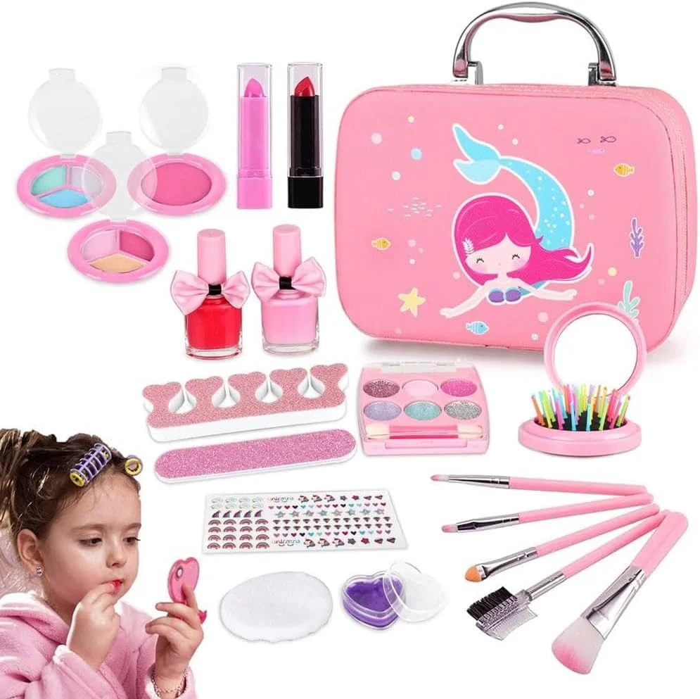 ست لوازم آرایشی کودکان AMERTEER - ست واقعی و قابل شستشو برای دختران | ست ایمن و غیر سمی برای دختران با کیف حمل قابل حمل | ست زیبایی آرایشی برای بازی وانمودی هدیه تولد اسباب بازی برای 3-10 سال