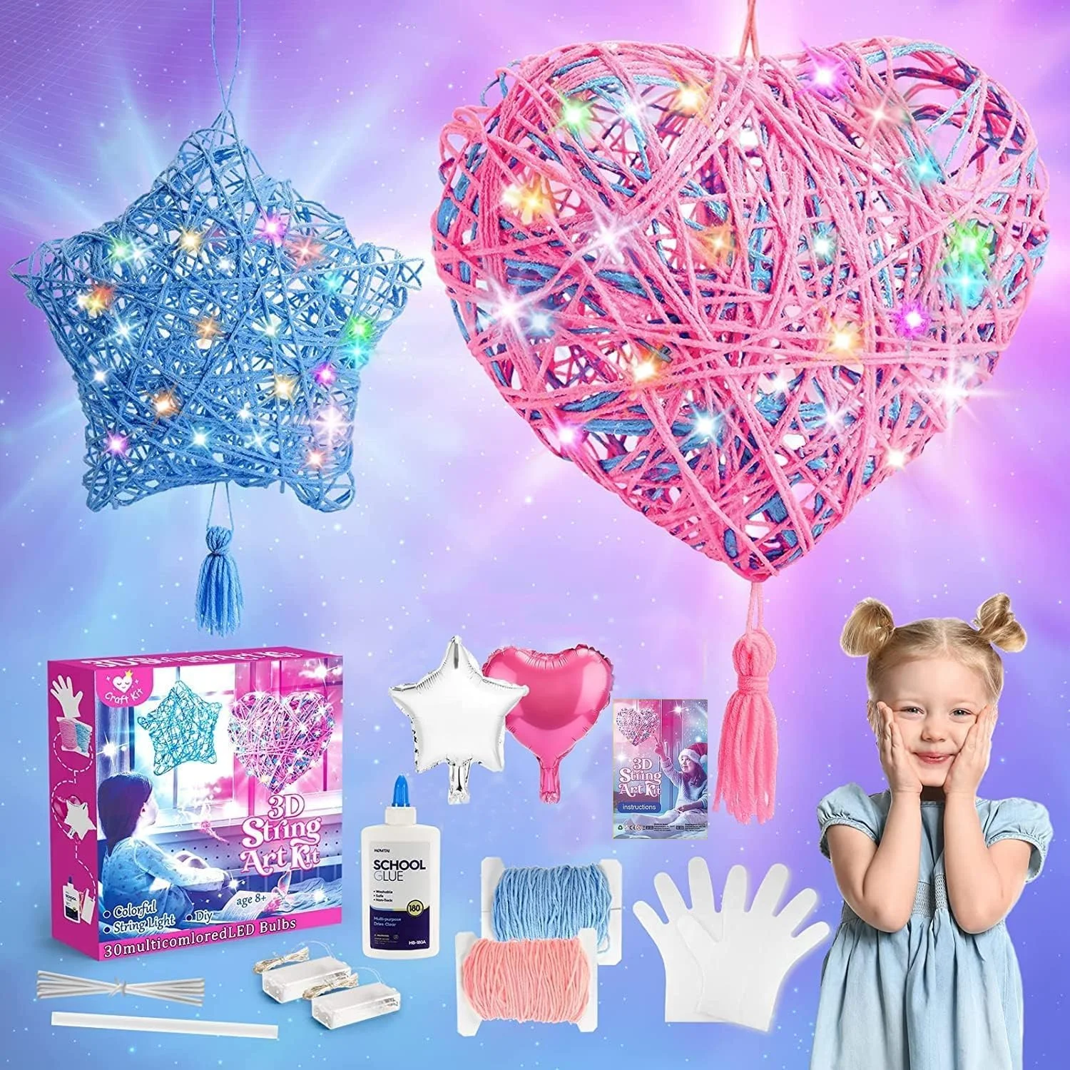 ست هنر ریسمانی سه بعدی AMERTEER برای کودکان | ست کاردستی فانوس DIY با چراغ های LED و منگوله | هدیه هنری برای دختران و پسران 7-12 ساله | اسباب بازی خلاقانه برای دکوراسیون منزل و تزئینات جشن