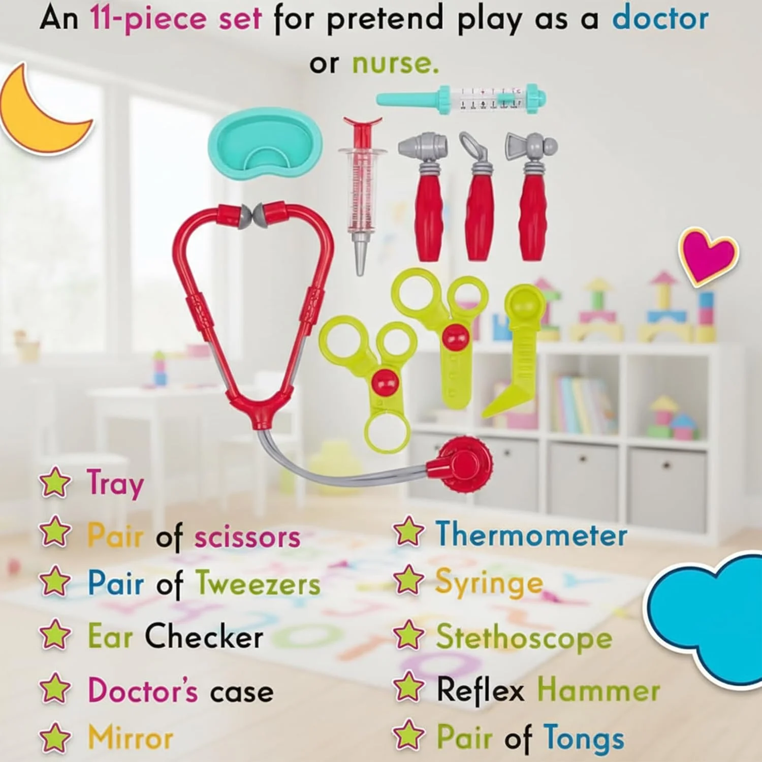مجموعه دکتر قابل حمل AMERTEER - مجموعه بازی آموزشی 11 تکه با گوشی پزشکی، شبیه سازی پرستار و پزشک، مجموعه اسباب بازی نقش آفرینی چمدان کلینیک پزشکی قابل حمل برای پسران و دختران 3 سال به بالا