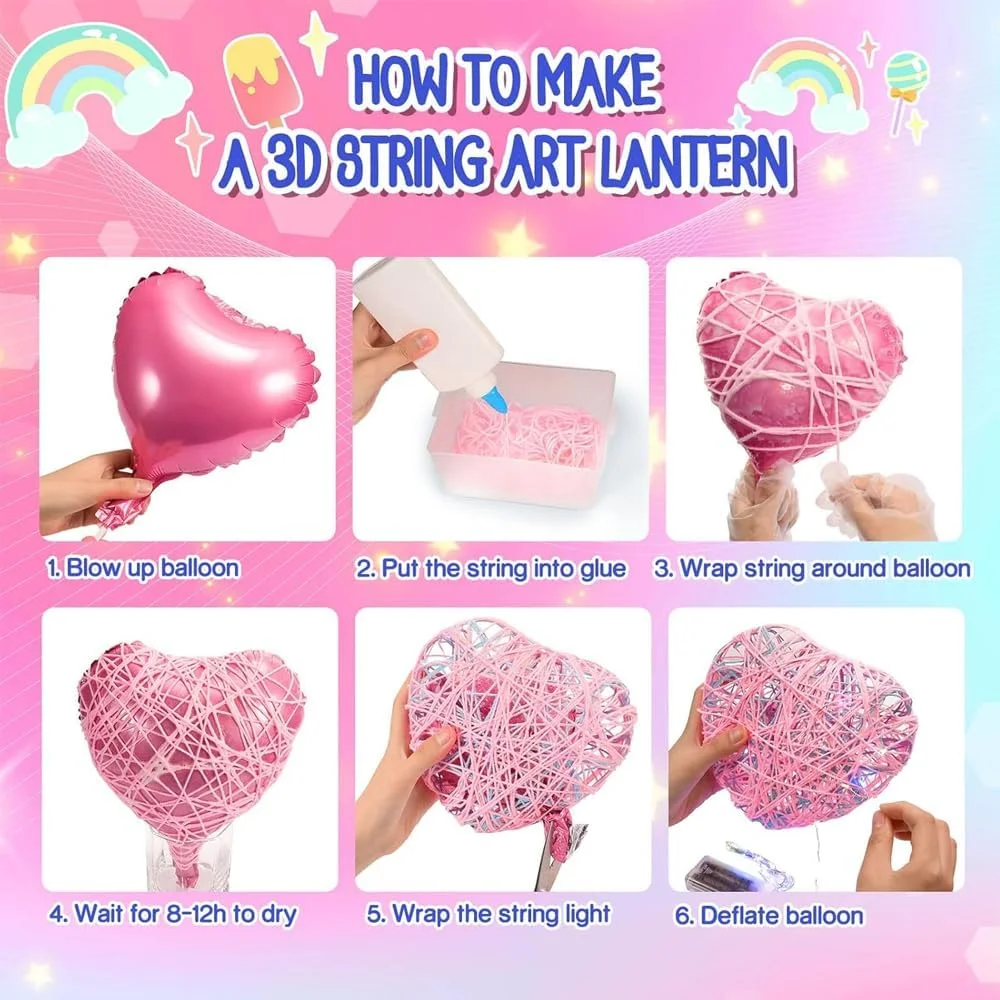 ست هنر ریسمانی سه بعدی AMERTEER برای کودکان | ست کاردستی فانوس DIY با چراغ های LED و منگوله | هدیه هنری برای دختران و پسران 7-12 ساله | اسباب بازی خلاقانه برای دکوراسیون منزل و تزئینات جشن