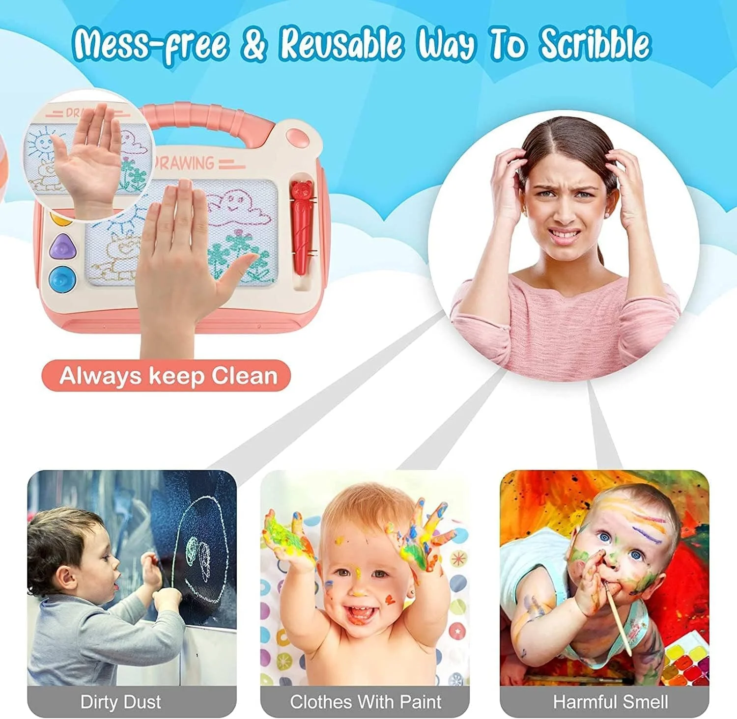 تخته نقاشی مغناطیسی کودک مومو بیر، اسباب بازی آموزشی برای کودکان 1 تا 2 ساله (صورتی)