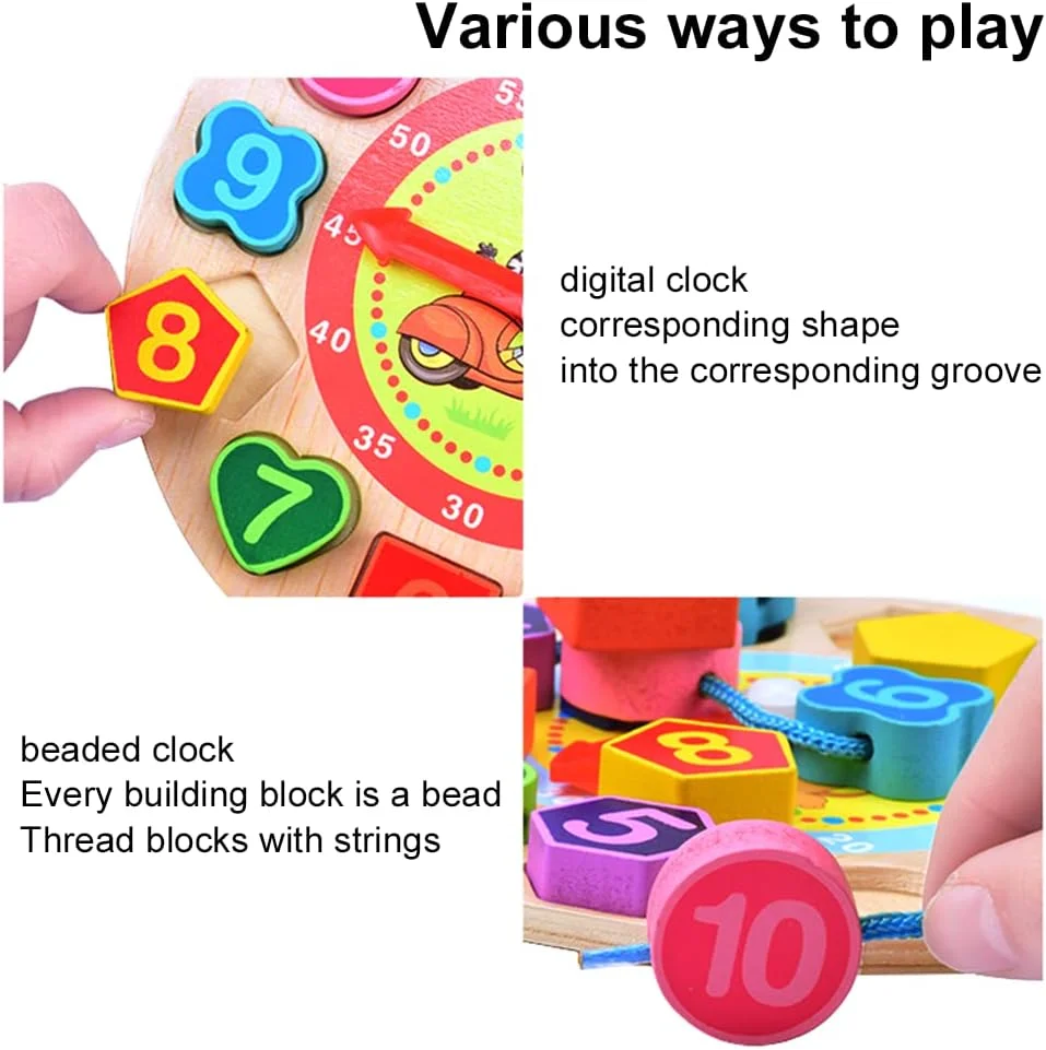 اسباب بازی آموزشی ساعت چوبی خرس مومو، بازی مرتب سازی اشکال، ابزارهای دیجیتال آموزشی، مهره های بند دار، اسباب بازی های آموزشی