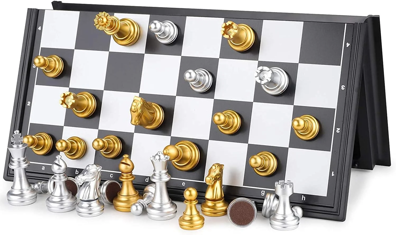 مجموعه بازی شطرنج مسافرتی مومو بیر - مهره های شطرنج مغناطیسی با صفحه تاشو و قابل حمل - اسباب بازی های آموزشی برای کودکان/بزرگسالان - مهره های شطرنج طلایی/نقره ای - هدیه بازی سنتی