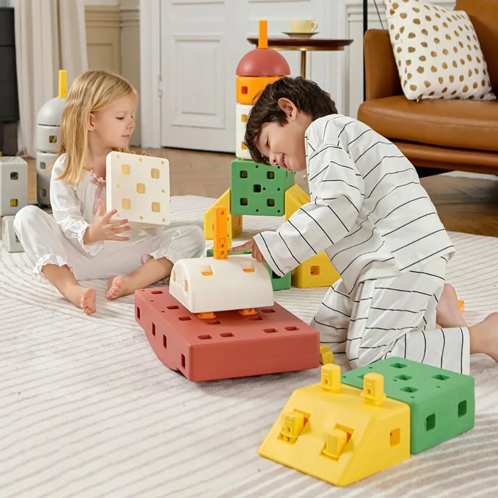 بلوک های ساختمانی ماشین آلات مهندسی برای کودکان نوپا، 44 قطعه بلوک پلاستیکی با چرخ، مجموعه ساخت و ساز خلاقانه، مجموعه پازل مونتاژ ذرات بزرگ برای پسران و دختران پیش دبستانی 1-6 ساله (چند رنگ)